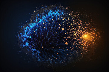 Fototapeta premium Blue particles artistic background with glitter blue and gold particles on a dark background. Ai generated