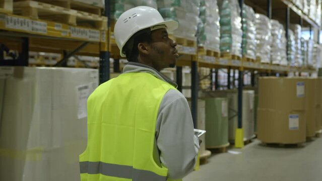 African American staff inspects deliveries for damages and faults in storagehouse