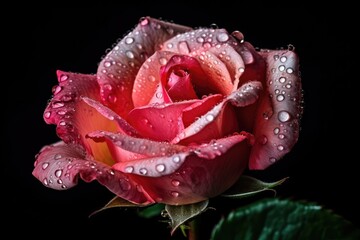 a close up of a blooming, fresh pink rose with drops of water. Generative AI