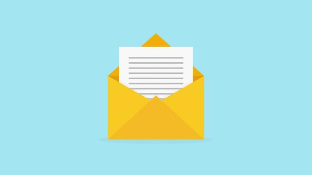 New email. Envelope opening animation. e-mail, mail, sending mail, message, mailing, letter, opening, vector animation. yellow envelope, blue background.