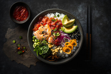 Delicious and colorful poke bowl, featuring fresh seafood, vegetables, and toppings. Ai generated. - obrazy, fototapety, plakaty