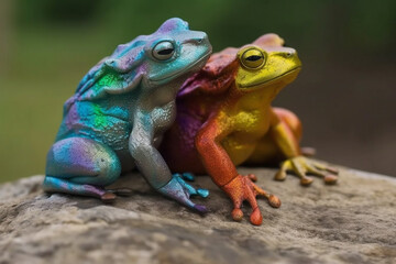 Naklejka premium Frogs in Amazing Colors. Vibrant frogs with Beautiful colorful skin. Rainbow colored frogs with amazing detail. Ai generated