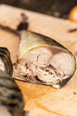 Smoked Atlantic mackerel cut into pieces