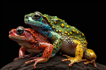 Frogs in Amazing Colors. Vibrant frogs with Beautiful colorful skin. Rainbow colored frogs with amazing detail. Ai generated