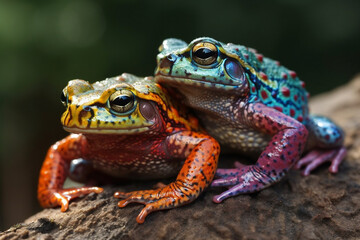 Obraz premium Frogs in Amazing Colors. Vibrant frogs with Beautiful colorful skin. Rainbow colored frogs with amazing detail. Ai generated