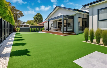 A contemporary Australian home or residential buildings front yard features artificial grass lawn turf with timber edging - obrazy, fototapety, plakaty
