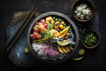 Delicious and colorful poke bowl, featuring fresh seafood, vegetables, and toppings. Ai generated.