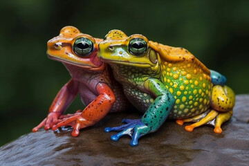 Obraz premium Frogs in Amazing Colors. Vibrant frogs with Beautiful colorful skin. Rainbow colored frogs with amazing detail. Ai generated