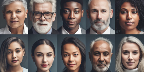Collage of portraits of an ethnically diverse and mixed age group of focused business professionals. Illustrative generative Ai. Not real people.