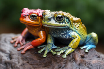 Naklejka premium Frogs in Amazing Colors. Vibrant frogs with Beautiful colorful skin. Rainbow colored frogs with amazing detail. Ai generated