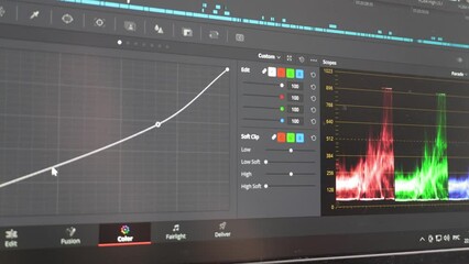 Color correction post production video in progress, close up. Video editing and professional color correction program. darkness, shadow, backlight. Macro shot of monitor screen. Color wheels
