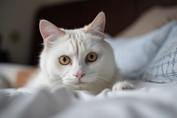 Cat is playing with Snur while lying on bed. Generative AI