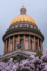 St. Isaac's Cathedral and lilacs. Flowers and landmark of St. Petersburg. A tourist route through the blooming city. A city in lilac flowers.Visit card of St. Petersburg