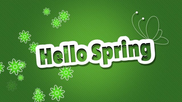 Hello Spring with flying shiny flowers and butterfly on green gradient, motion holidays, promo and spring style background