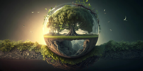 Environmental, tree on sphere crystal, earth day, conservation, generative ai