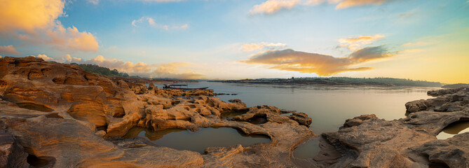 Ubon Ratchathani,Sunrise landscape photo with boat, mountain,Sam Phan Bok, Ubon Ratchathani, Thailand