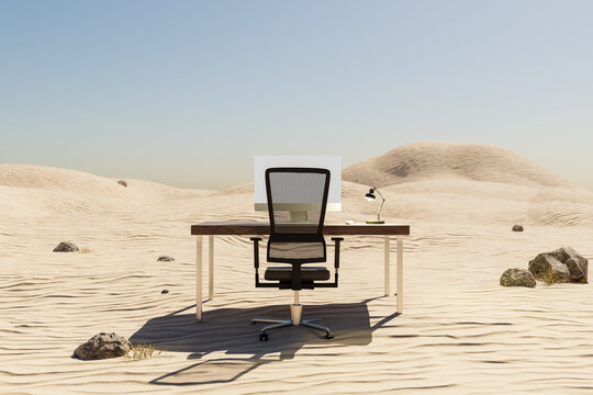 lonely pc workplace in large desert environment; remote work and digital nomad and climate crisis concept; 3D illustration