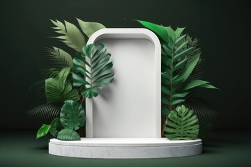 Contemporary white podium stage with tropical leaves on green background. Generation AI