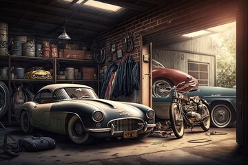 an old garage filled with vintage vehicles, from a classic corvette to an old british motorcycle., created with generative ai - obrazy, fototapety, plakaty