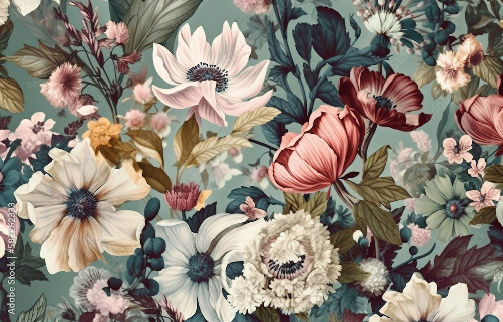 Wall mural fantasy vintage floral wallpaper with a digital touch for backgrounds