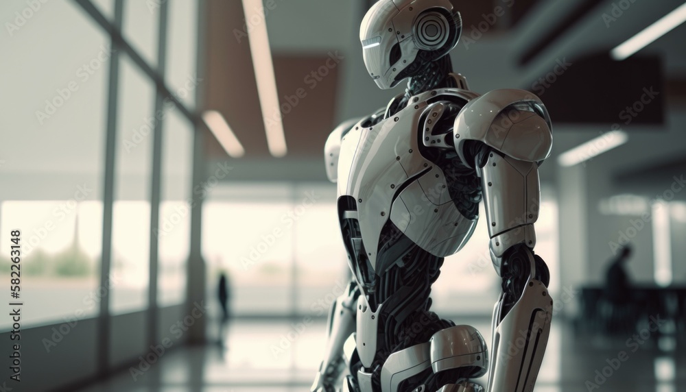 Poster a robot is standing in a large room with a glass wall workshop animation robotics engineering genera
