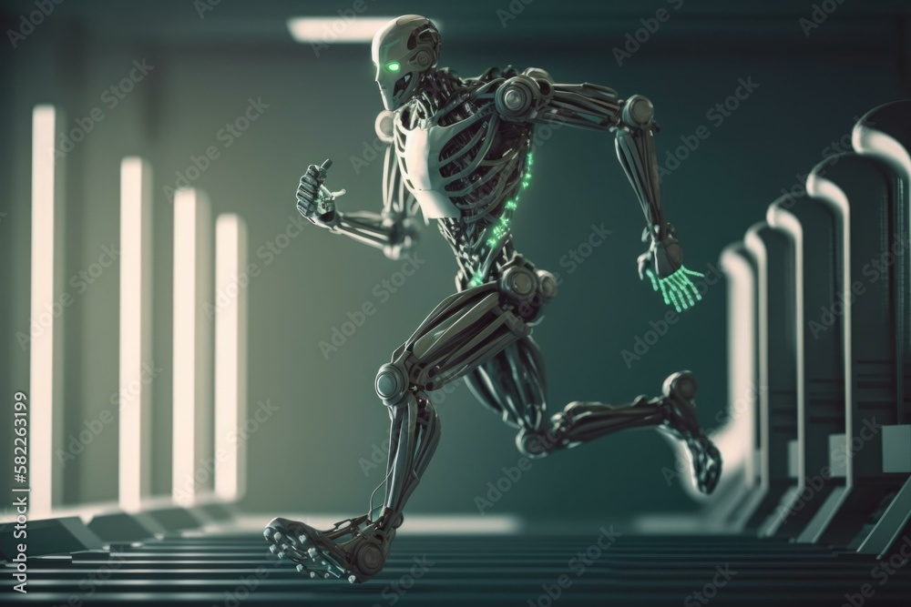 Poster a skeleton running on a track in a futuristic environment fitness center animation robotics engineer