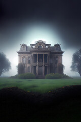 creepy haunted mansion on a grass field with fog. Generative Ai - obrazy, fototapety, plakaty