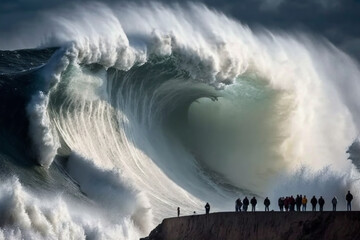 Massive waves crashing against the cliffs of Nazare, Portugal, known for its world-renowned surf. Ai generated.