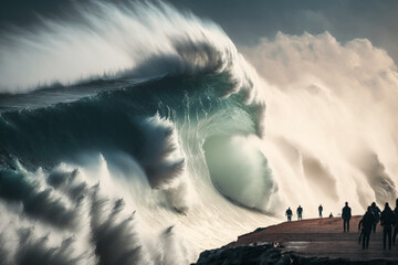 Massive waves crashing against the cliffs of Nazare, Portugal, known for its world-renowned surf. Ai generated.