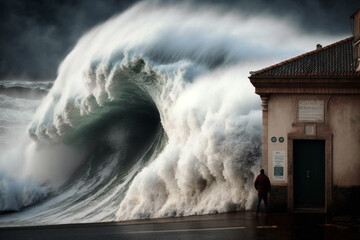 Massive waves crashing against the cliffs of Nazare, Portugal, known for its world-renowned surf. Ai generated.