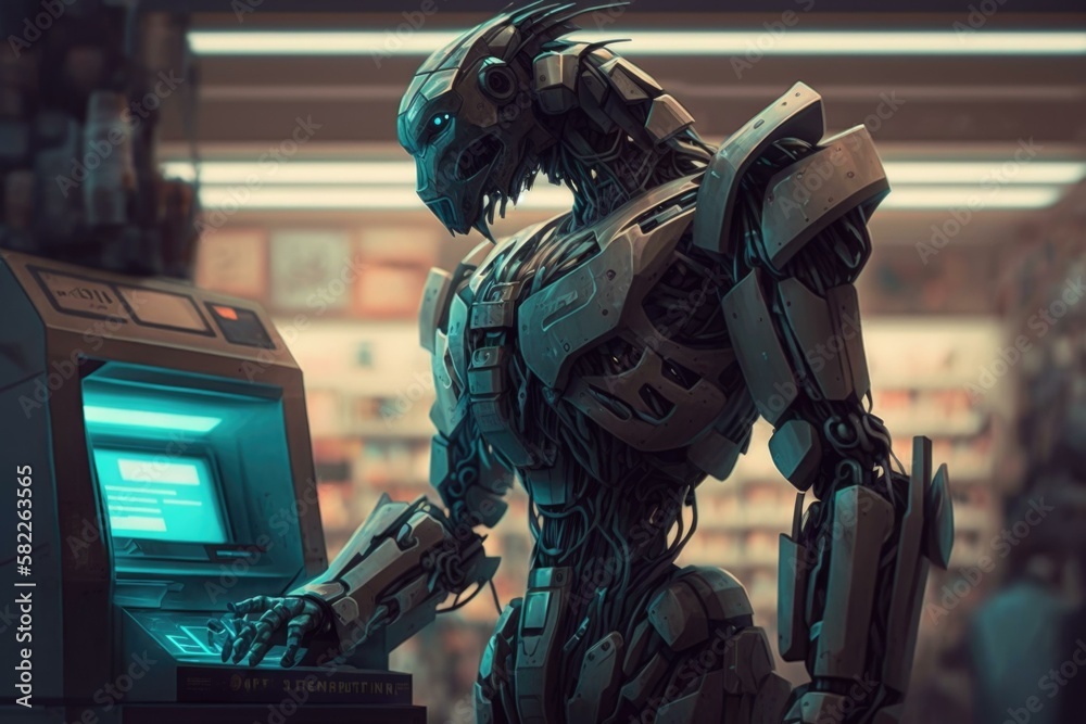 Poster a robot is standing next to a computer screen library digital art robotics engineering generative ai