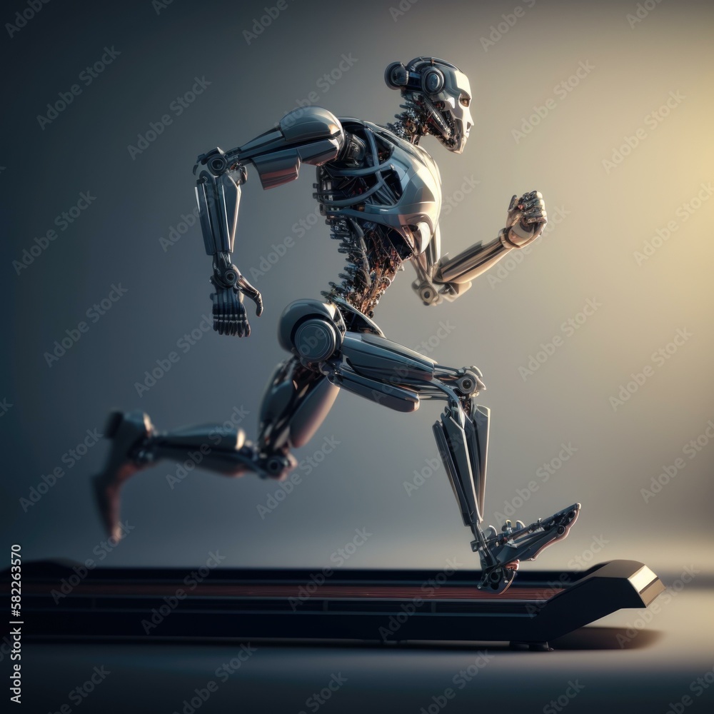 Poster a robot running on a laptop computer screen with a light shining on it fitness center animation robo