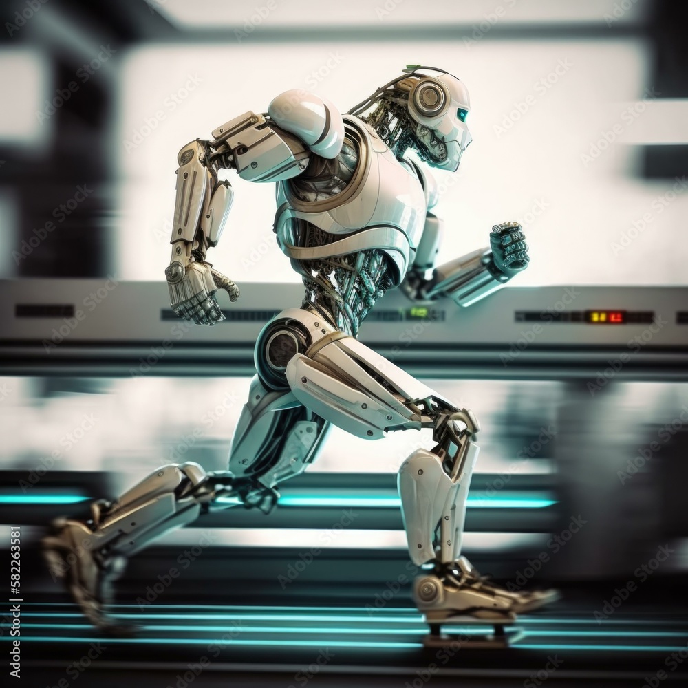 Poster a robot running fast on a city street with a train in the background arcade animation robotics engin