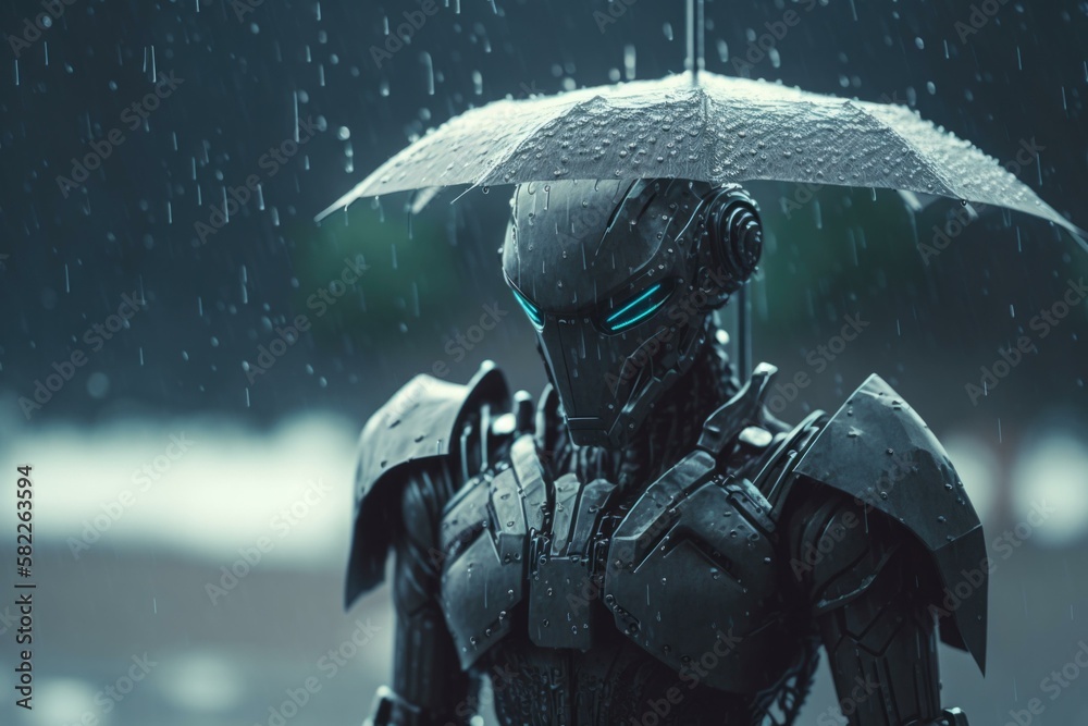 Poster a robot holding an umbrella in the rain with a dark background factory animation robotics engineerin