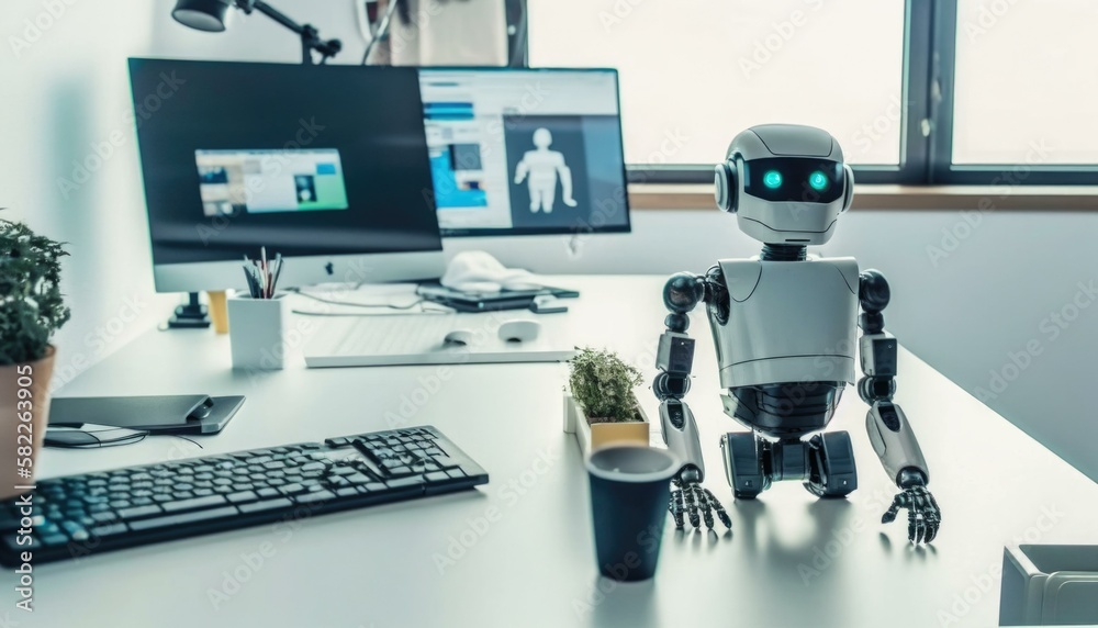 Poster a robot sitting on a desk next to a computer workshop product photography natural language processin