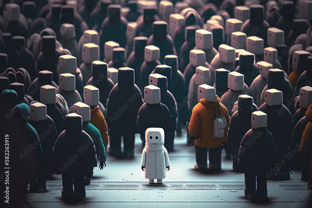 Poster a group of people standing in a crowd with a robot in the middle factory assemblage diversity and in