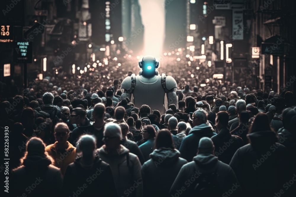 Poster a robot standing in the middle of a crowd of people factory assemblage robotics engineering generati