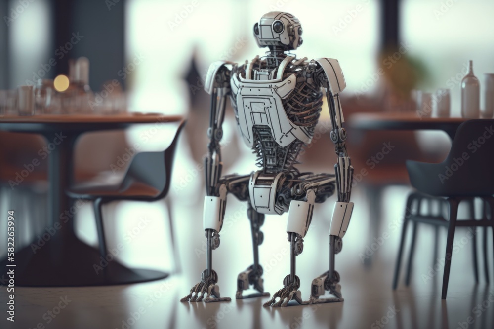 Poster a robot is standing in a restaurant setting with a table restaurant animation robotics engineering g