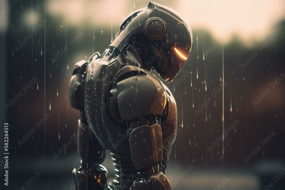 Poster a robot standing in the rain with its head turned to the side river animation robotics engineering g