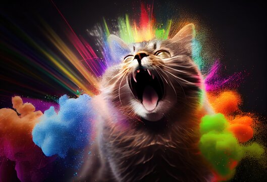 Cat Rainbow Color Explosion In Awesome Style Generative AI