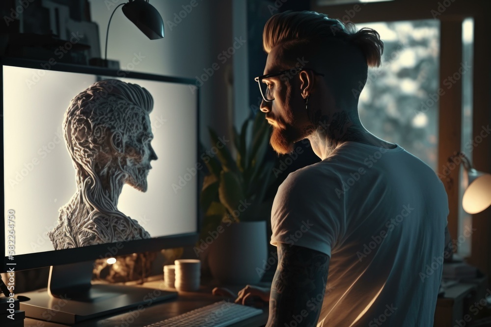 Poster a man with a beard and glasses is looking at a computer screen workshop graphic design computer grap