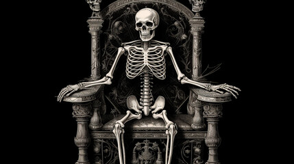 skeleton, throne, vintage, human, skull, anatomy, bone, body, bones, halloween, x-ray, medical, 3d, death, isolated, white, medicine, dead, spine, science, illustration, biology, black, generative, ai