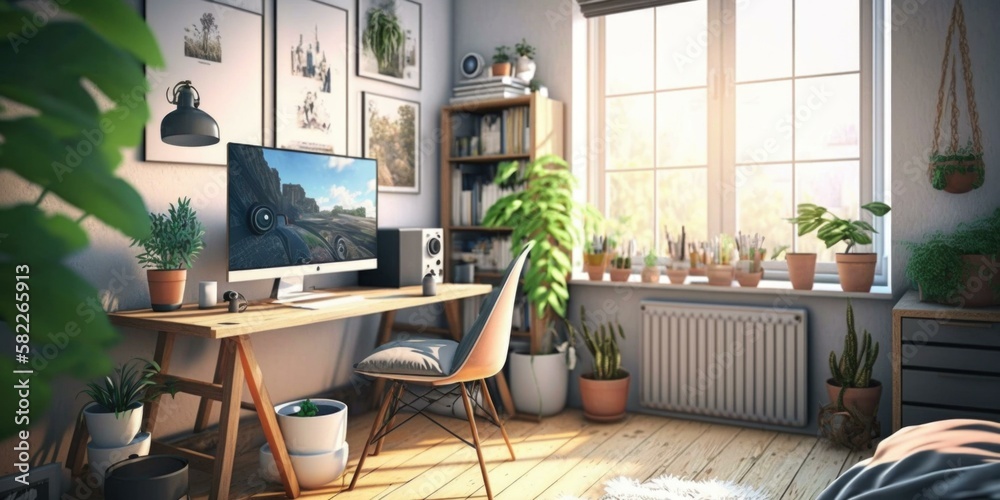Poster a computer desk with a monitor and a keyboard rustic farm interior photorealism computer graphics ge