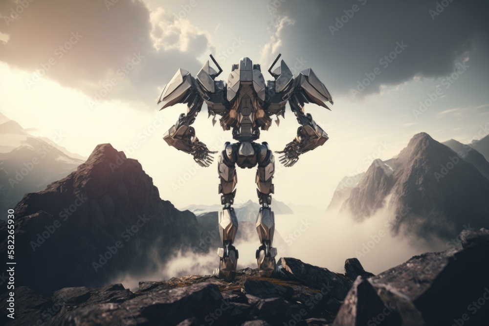 Poster a robot standing on top of a mountain in the sky canyon animation robotics engineering generative ai