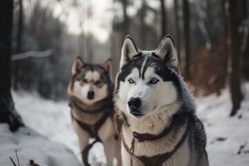 Naklejka premium The two husky dogs competing in the snow. Generative AI