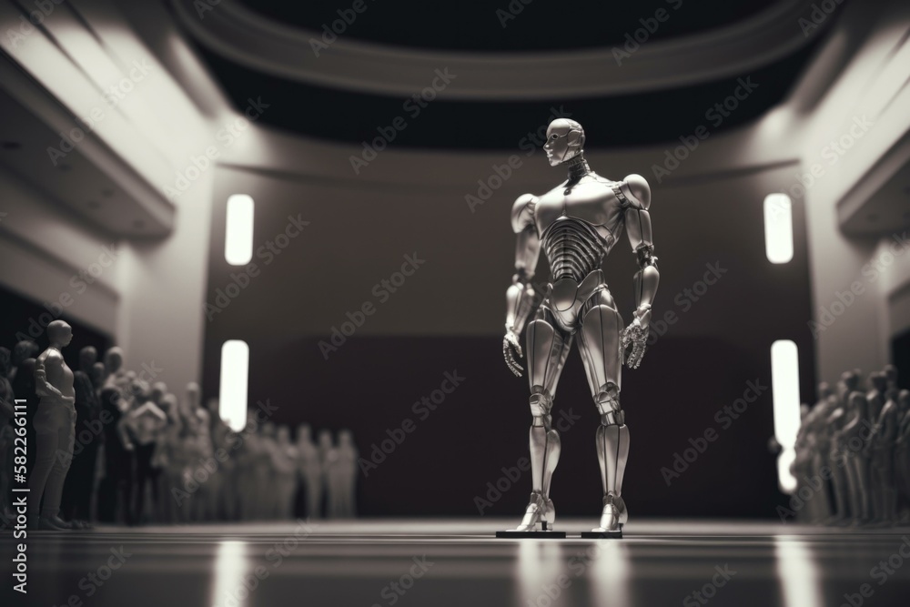 Poster a robot standing in front of a crowd of people factory animation robotics engineering generative ai