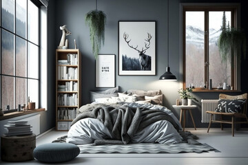 Cozy and minimalistic Scandinavian bedroom, featuring natural materials and soft textures. Ai generated.