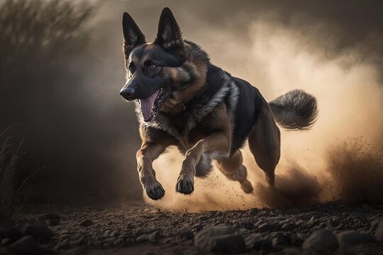 Fine Art Military Photography of K9 Police Dog Running in Thick Dust with Red Tones - German Shepherd in Action