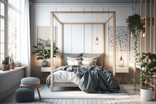Cozy and minimalistic Scandinavian bedroom, featuring natural materials and soft textures. Ai generated.