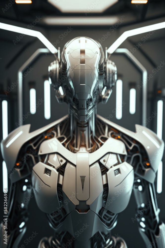 Poster a futuristic robot with a large body and a helmet factory animation artificial intelligence